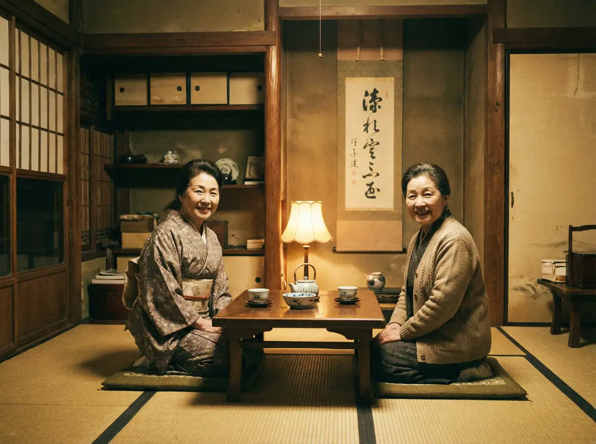 两位优雅的 b站黄冈b站 在日式茶室中品茶交谈